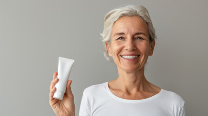 Senior woman with a cheerful smile holding up a tube of wrinkle-reducing cream, neutral backdrop - obrazy, fototapety, plakaty