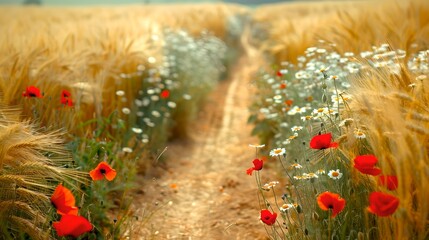 Obraz premium Serene Wheat Field Path with Poppies and Daisies, Ideal for Backgrounds and Nature Themes. Captivating, Peaceful Rural Scene. AI