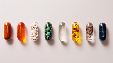 Close-up shot of a line of assorted capsule pills, focusing on the variety of colors and designs