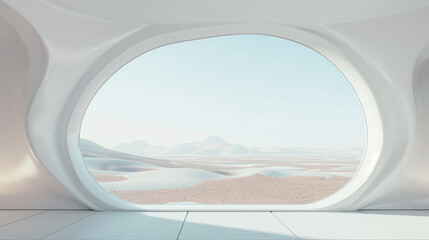 Naklejka premium A large window in a building with a view of a desert