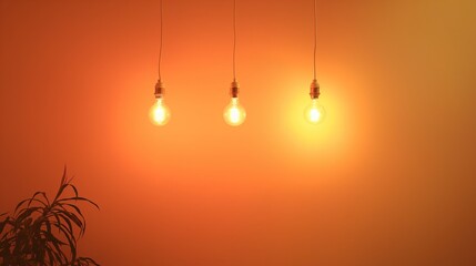 Three bulbs hanging from the ceiling with a orange wall. Copy Space