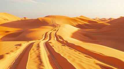 A natural landscape in the desert with tire tracks on a dirt road winding through the sand, framed by a clear blue sky and sparse plants AIG50