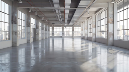 Oblique perspective view of an empty loft space with high ceilings, large industrial windows, and polished concrete floors