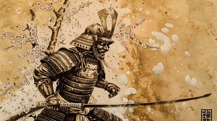 Abstract ink drawing of a samurai. Japanese style art.