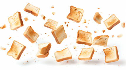 A whimsical arrangement of toasted bread slices tumbling through the air, isolated on a white background