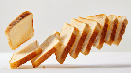 Toasted bread slices in an elegant arc formation, soaring across a pure white background