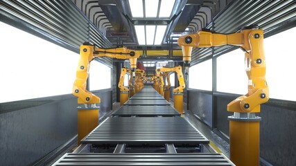 Busy factory with robotic arms used for placing manufactured items on conveyor belts, 3D rendering. Assembly lines and heavy machinery in high tech modern manufacturing warehouse