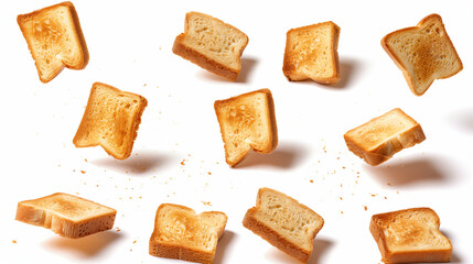 Artistic display of multiple toasted bread pieces floating, isolated on a seamless white background