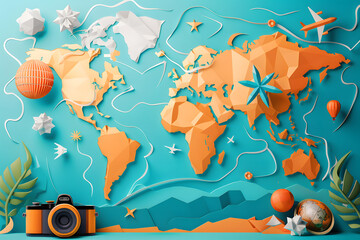 Travel world map. Paper-cut 3d illustration.
