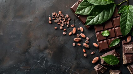 Artisan dark chocolate pieces scattered with cocoa beans and fresh leaves on a dark background. Perfect for culinary and lifestyle themes. AI