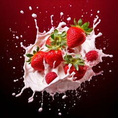 Strawberries and splashing cream background AI generated