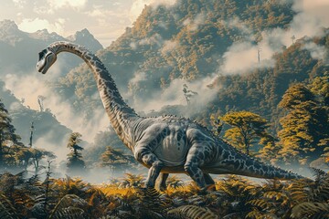  Photograph of a Diplodocus bathed in the warm glow of a sunset, with golden light illuminating its long body against a backdrop of towering mountains and colorful skies