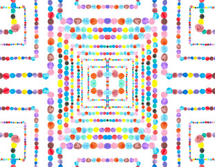 Colorful paint dots on white background. Hand painted colorful frame border made of watercolor dots.