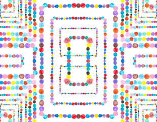 Colorful paint dots on white background. Hand painted colorful frame border made of watercolor dots.