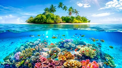 Fototapeta na wymiar Tropical Paradise Island with Vibrant Coral Reef Under Crystal Clear Water, Tranquil Nature Scene for Relaxation and Wall Art. AI