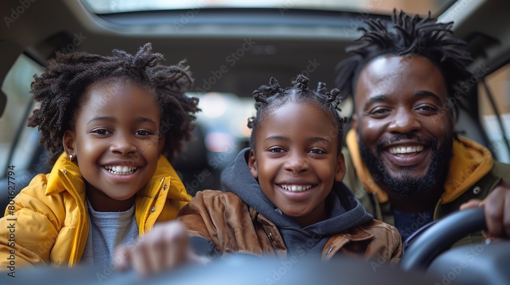 Wall mural a man and two children are smiling and posing for a picture in a car