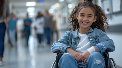 A young girl in a wheelchair is smiling and posing for a picture