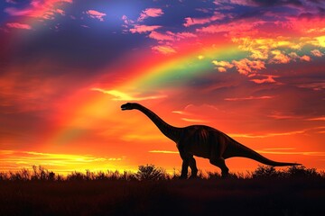  Photograph of a Diplodocus bathed in the warm glow of a sunset, with golden light illuminating its long body against a backdrop of towering mountains and colorful skies