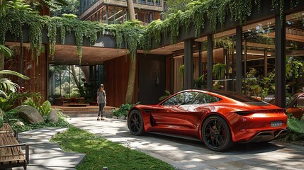 A woman stands in front of a red sports car