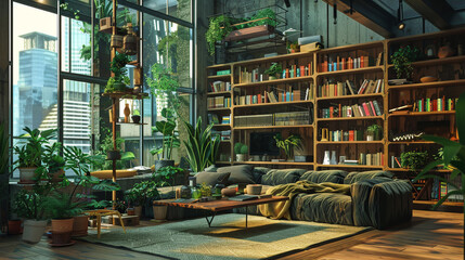 A loft with a stylish futon, a unique coffee table made from reclaimed wood, and a bookcase filled with books and plants.