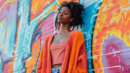 Full body shot of a model in a bright terry cardigan against the backdrop of a vibrant street mural