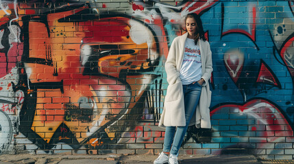 Model wearing a casual terry cardigan in a full body shot, against a graffiti wall for an urban look
