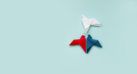 banner three doves made of origami paper in white, red and blue, colors of French, Dutch, Croatian, Czech, Slovak, Slovenian, Paraguayan, Serbian flags on background - obrazy, fototapety, plakaty