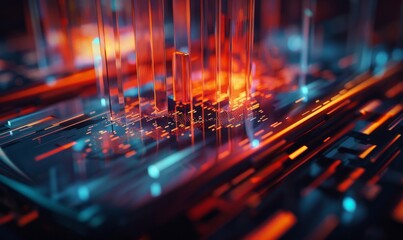 Futuristic circuit board with neon lights and digital elements, representing advanced computing and modern electronics in a cybernetic style