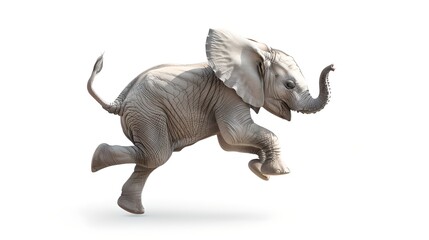 Obraz premium Joyful young elephant trotting isolated on white background. Animal in motion, wildlife concept. Captured in studio with playful energy. Perfect for creative projects. AI