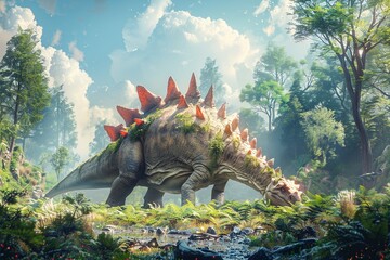 Witness the grace and beauty of a Stegosaurus as it uses its spiked tail to defend against a predatory attack, showcasing the unique defensive capabilities and majestic presence 