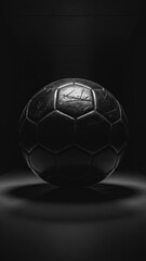 Black soccer ball in a dark room, concept design, background, poster, backdrop for sport and football, Euro 2024
