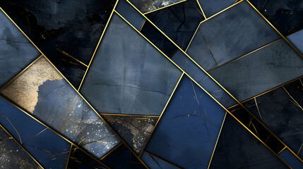 High-definition realistic abstract design featuring bold lines and geometric patterns in a sophisticated palette of deep blue, matte black, and gold