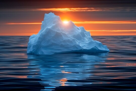 Un iceberg  vagando en el mar al atardecer. Derretimiento de los glaciales, cambio climatico