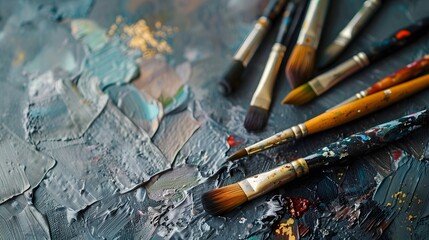 A set of brushes above a painting.