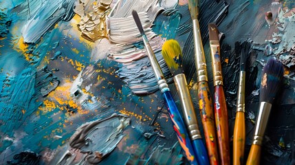 Obraz premium A set of brushes above a painting.