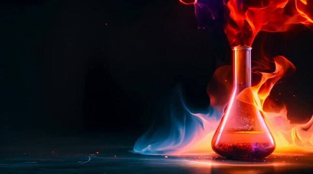 Explosive chemical reaction in a flask with vibrant flames