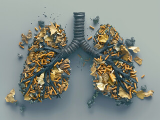 A powerful ad showcasing lungs sculpted from cigarettes, highlighting the environmental and health costs of smoking. Darkened cigarette casts against a light background create a striking image. - obrazy, fototapety, plakaty