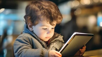 A small child is completely immersed in the soft glow of a tablet screen, illustrating early engagement with technology in cozy indoor setting. Self-development of young children, learning new things