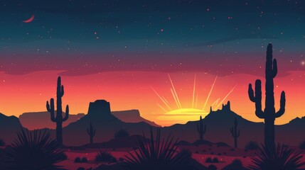 Naklejka premium A serene sunset over a desert landscape with cacti silhouetted against the sky
