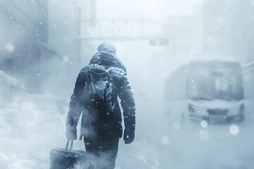 A man is walking in the snow with a backpack and a suitcase. The scene is cold and snowy, and the man is bundled up in a coat and hat. Concept of travel and adventure - Powered by Adobe