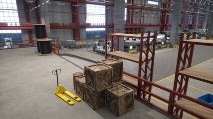 Fototapeta premium Industrial warehouse with wooden crates, rusted barrels, pallets and cart used for transportation of products. Manufacturing logistics depot used for goods production and storage, 3D render