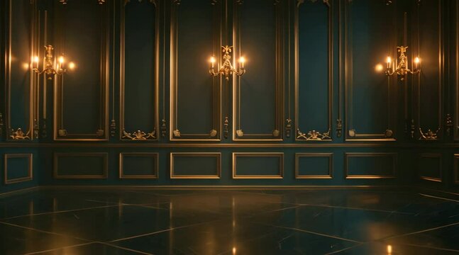 Elegant dark interior with ornate wall panels and chandeliers