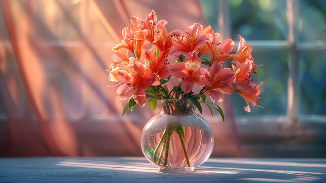 sunlit bouquet of vibrant orange flowers in a clear vase on a window sill with soft focus background