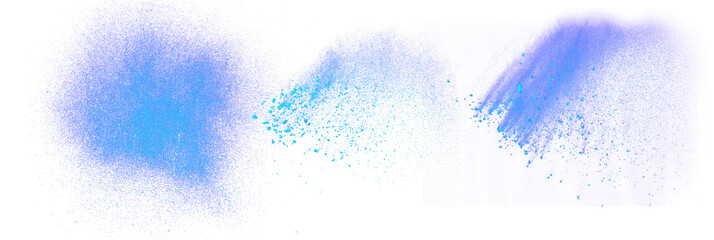 Three spots of dust or powder in bright blue, isolated background.