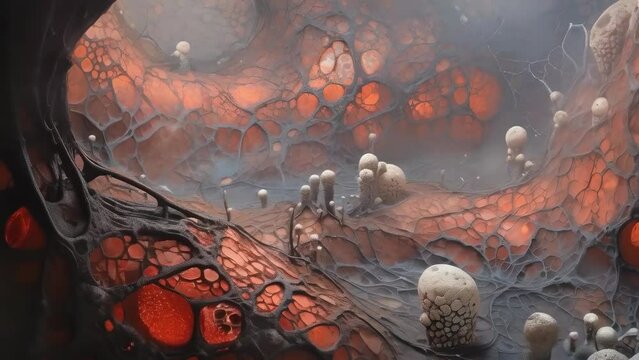 An abstract representation of a fungal micro-landscape, its alien textures and hues offering a peek into the complexity of microscopic ecosystems. Propagation of spores and fungi