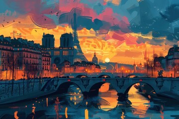 Vivid artistic illustration of Paris, France - Eiffel Tower