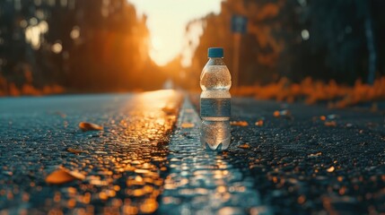 A picturesque view of a runner's water bottle and energy gel, symbolizing the importance of proper fueling and hydration on Global Running Day.
