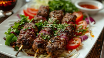 Afghan cuisine. Shish kebab in Afghan style with flatbreads.