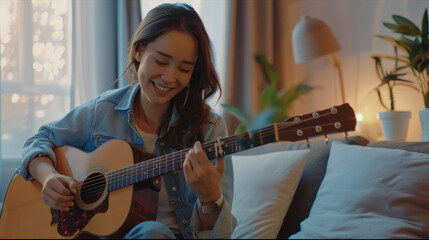 woman influencer play guitar music use microphone record with smartphone for online audience listen...