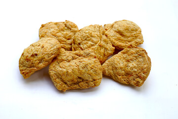 Textured soy protein on white background.
